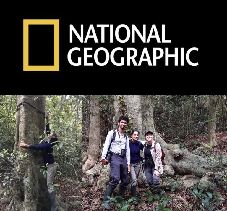 National Geographic logo above an image of four people in a forest