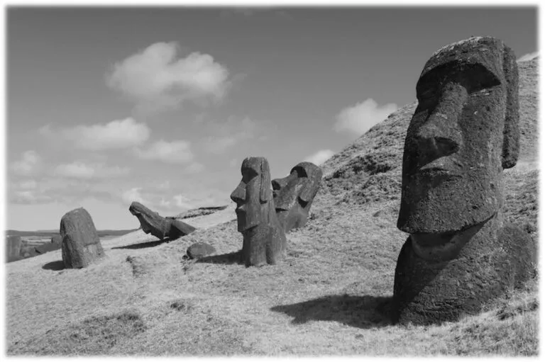 Quarry at Rano Raraku where ancient matamu‘a carved the monumental statuary known as moai